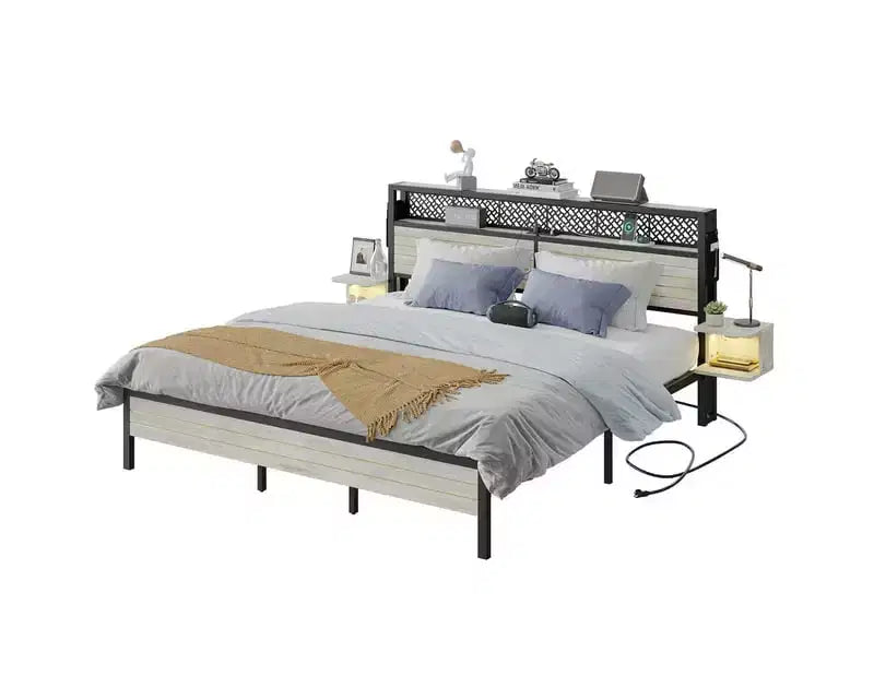 Struttura Letto Bestier con Testiera Contenitore, Letto a Piattaforma in Metallo con Presa di Corrente e Mensole Laterali, Rete a Doghe in Acciaio per Materasso