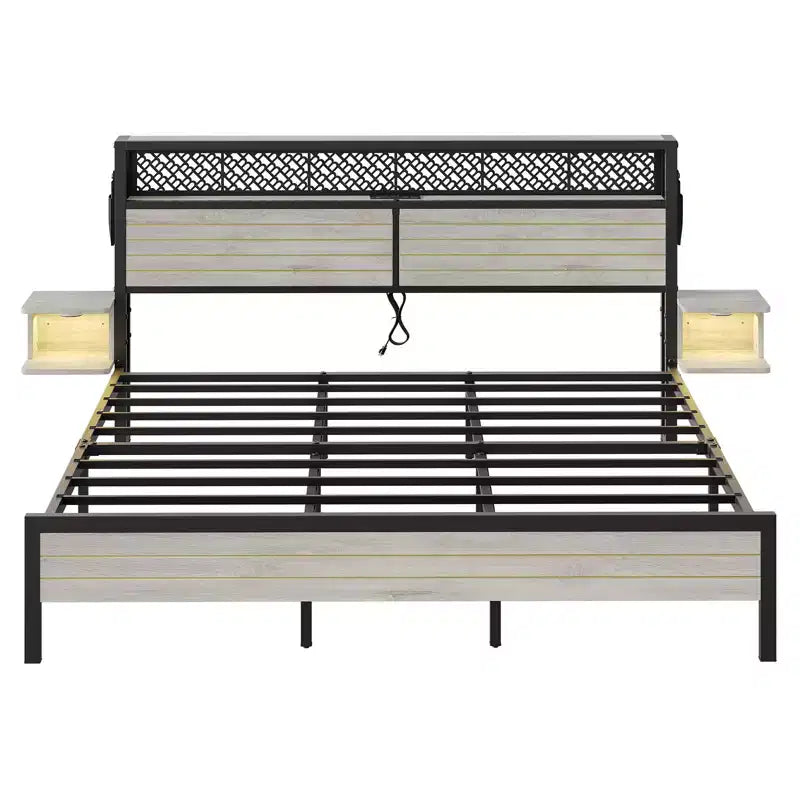 Struttura Letto Bestier con Testiera Contenitore, Letto a Piattaforma in Metallo con Presa di Corrente e Mensole Laterali, Rete a Doghe in Acciaio per Materasso