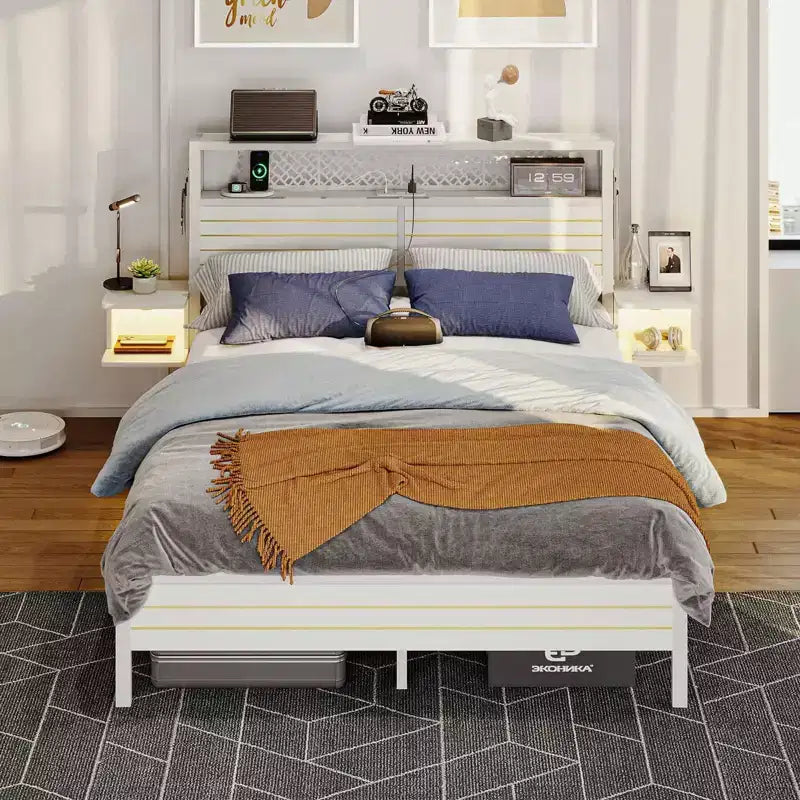 Struttura Letto Bestier con Testiera Contenitore, Letto a Piattaforma in Metallo con Presa di Corrente e Mensole Laterali, Rete a Doghe in Acciaio per Materasso