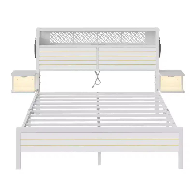 Struttura Letto Bestier con Testiera Contenitore, Letto a Piattaforma in Metallo con Presa di Corrente e Mensole Laterali, Rete a Doghe in Acciaio per Materasso