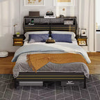 Bestier Bed Frame with Storage Headboard, Metal Platform Bed with Power Outlet & Beside Shelves, Mattress Foundation with Steel Slat Support