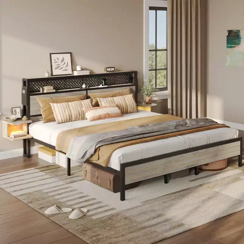 Struttura Letto Bestier con Testiera Contenitore, Letto a Piattaforma in Metallo con Presa di Corrente e Mensole Laterali, Rete a Doghe in Acciaio per Materasso