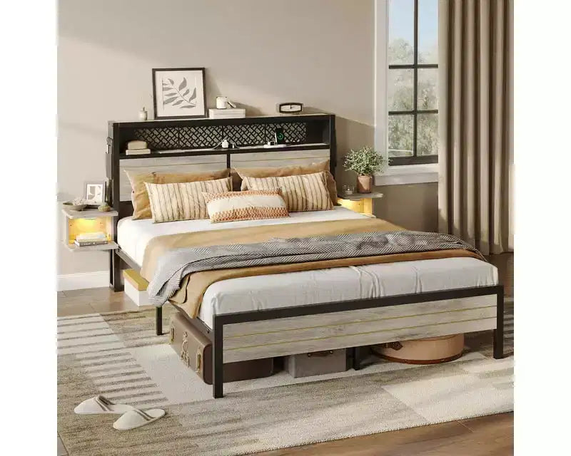 Struttura Letto Bestier con Testiera Contenitore, Letto a Piattaforma in Metallo con Presa di Corrente e Mensole Laterali, Rete a Doghe in Acciaio per Materasso