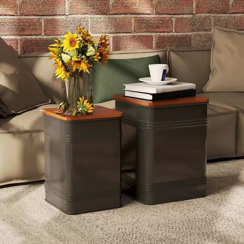 HOMCOM Pouf Contenitore Set da 2, Sgabello Ottomano Industriale Nido d'Ape con Coperchio Rimovibile e Struttura in Metallo, Tavolino per Soggiorno, Nero