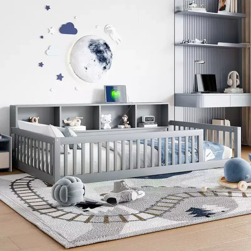 Letto Montessori Whisen Wood Twin XL con armadietti contenitori e porte USB