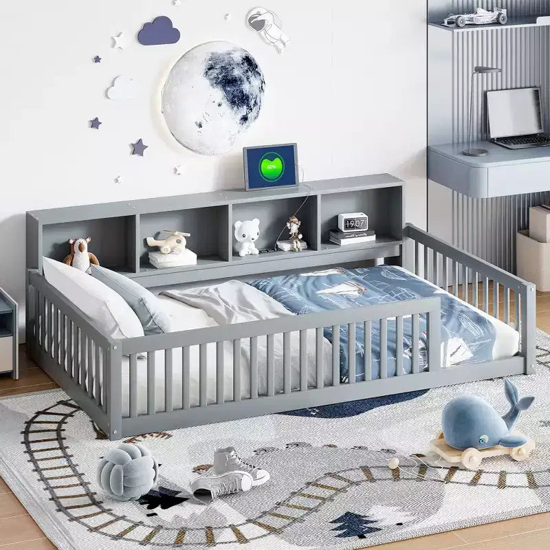 Letto Montessori Whisen Wood Twin XL con armadietti contenitori e porte USB