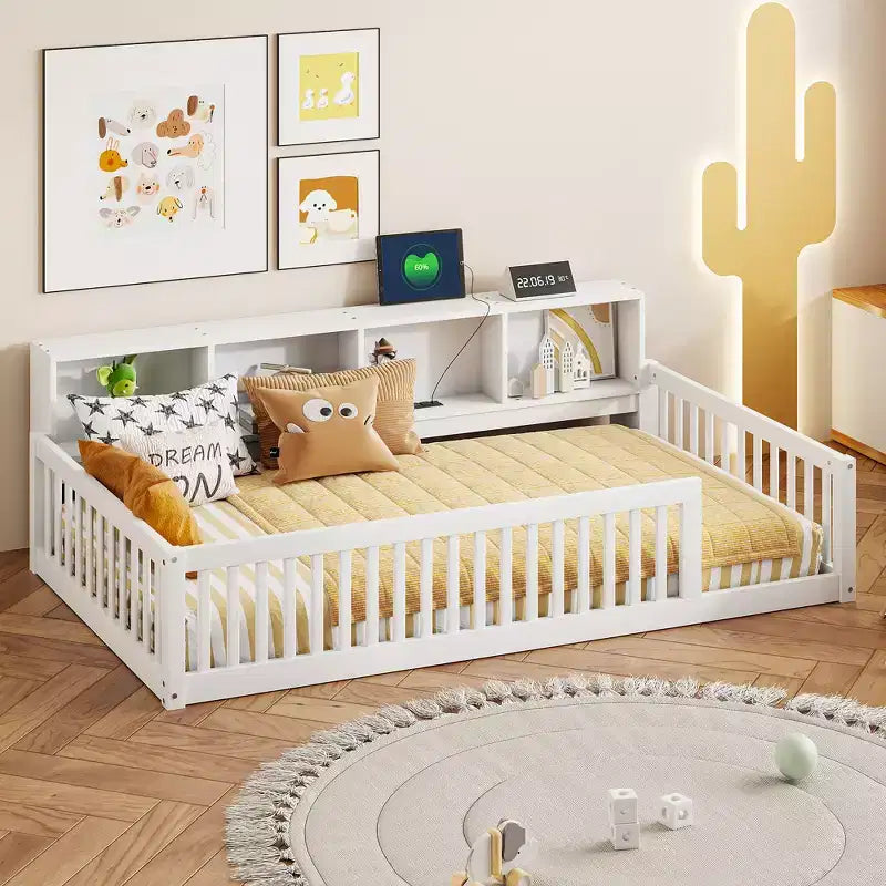 Letto Montessori Whisen Wood Twin XL con armadietti contenitori e porte USB