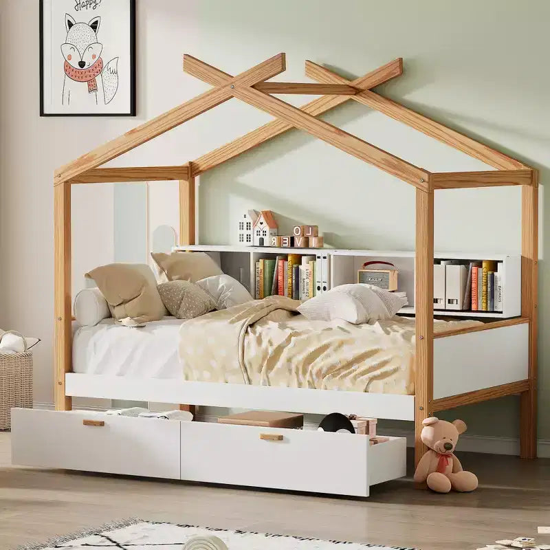 Letto a capanna con piattaforma per bambini in dimensioni singolo/matrimoniale con letto estraibile singolo/2 cassetti, libreria, naturale+bianco-ModernLuxe
