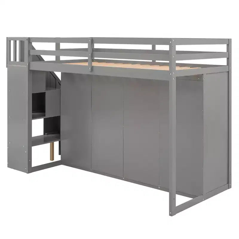 Letto a soppalco funzionale Whisen 93.3''L*42.4''W con 3 ripiani, armadi, cassetti, scala con contenitore