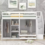 Letto a soppalco funzionale Whisen 93.3''L*42.4''W con 3 ripiani, armadi, cassetti, scala con contenitore