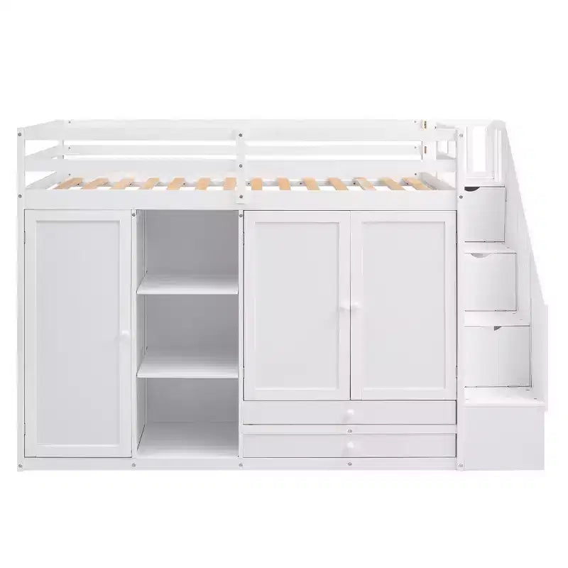 Letto a soppalco funzionale Whisen 93.3''L*42.4''W con 3 ripiani, armadi, cassetti, scala con contenitore