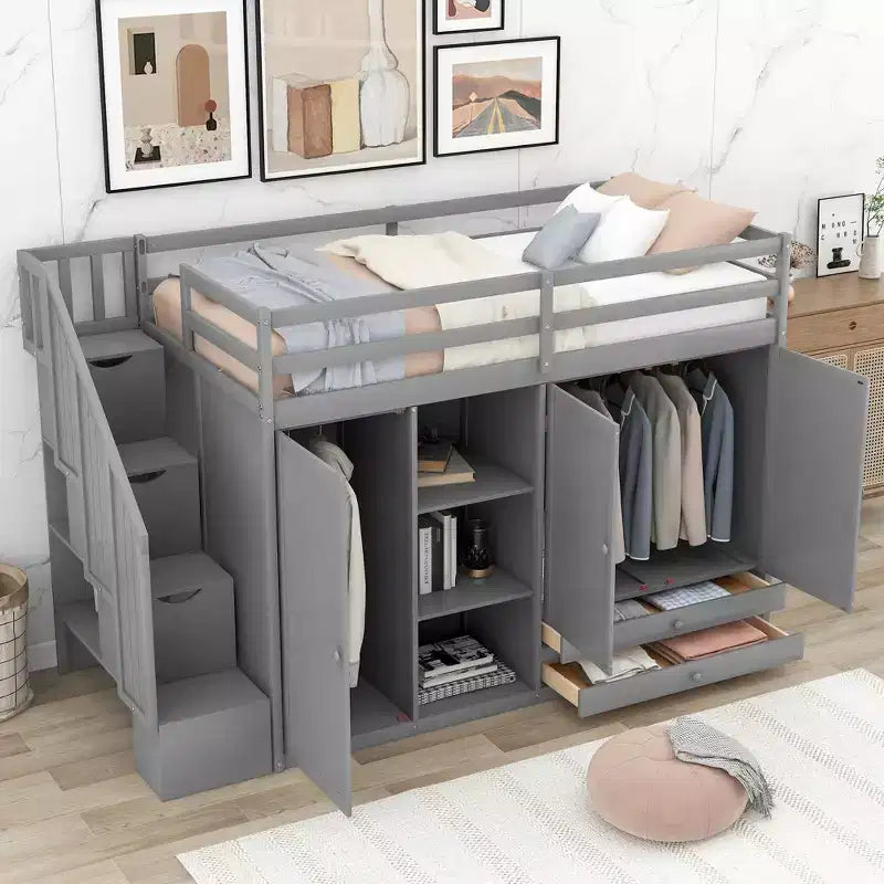 Letto a soppalco funzionale Whisen 93.3''L*42.4''W con 3 ripiani, armadi, cassetti, scala con contenitore