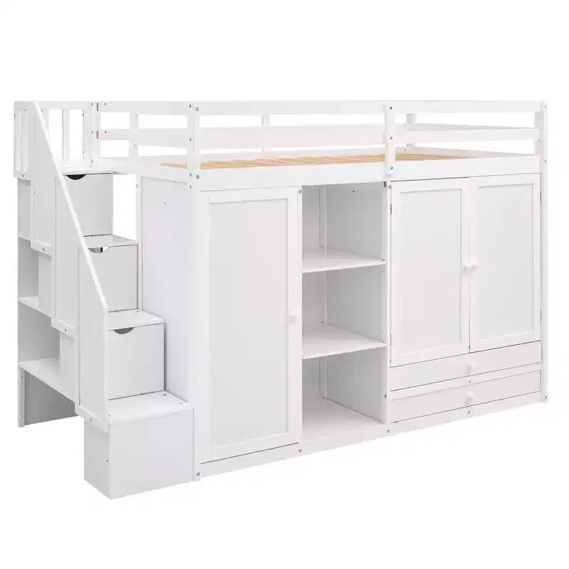 Letto a soppalco funzionale Whisen 93.3''L*42.4''W con 3 ripiani, armadi, cassetti, scala con contenitore