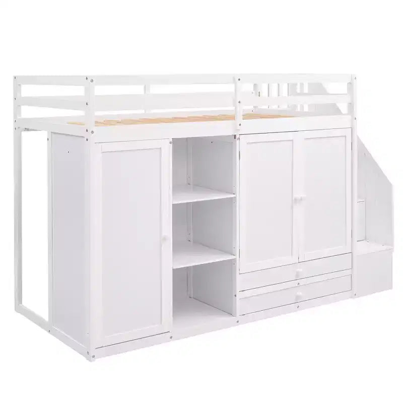 Letto a soppalco funzionale Whisen 93.3''L*42.4''W con 3 ripiani, armadi, cassetti, scala con contenitore