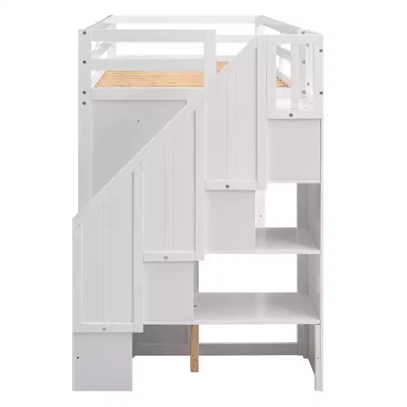 Letto a soppalco funzionale Whisen 93.3''L*42.4''W con 3 ripiani, armadi, cassetti, scala con contenitore