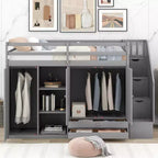 Letto a soppalco funzionale Whisen 93.3''L*42.4''W con 3 ripiani, armadi, cassetti, scala con contenitore