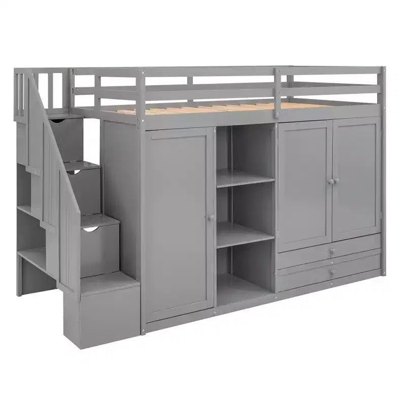 Letto a soppalco funzionale Whisen 93.3''L*42.4''W con 3 ripiani, armadi, cassetti, scala con contenitore