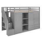 Letto a soppalco funzionale Whisen 93.3''L*42.4''W con 3 ripiani, armadi, cassetti, scala con contenitore