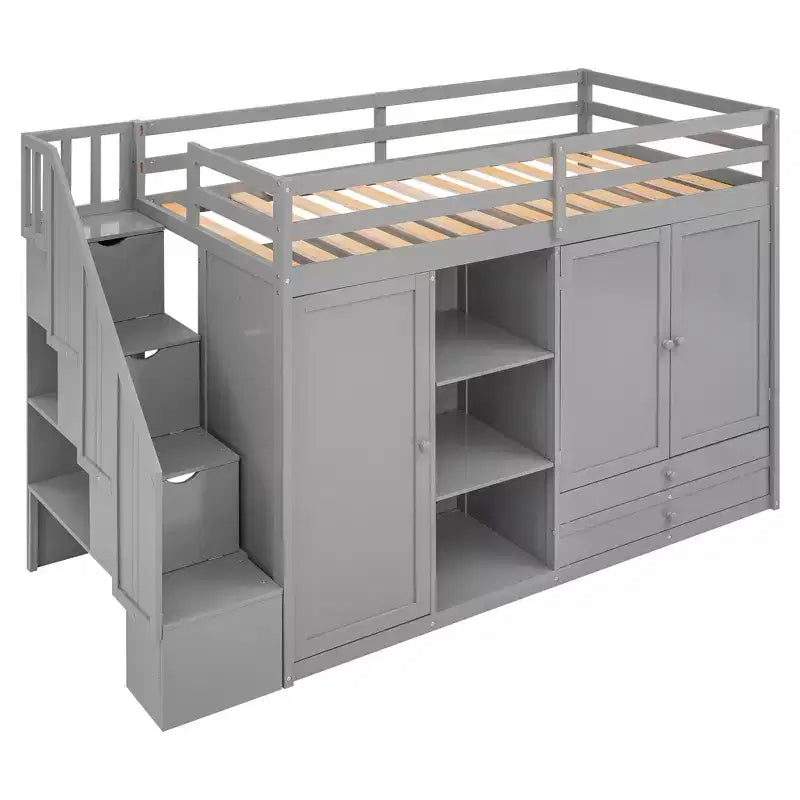 Letto a soppalco funzionale Whisen 93.3''L*42.4''W con 3 ripiani, armadi, cassetti, scala con contenitore