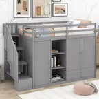 Letto a soppalco funzionale Whisen 93.3''L*42.4''W con 3 ripiani, armadi, cassetti, scala con contenitore