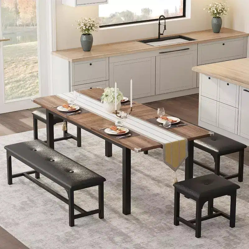 Set da pranzo allungabile da 63'' a 5 pezzi con 2 panche e 2 sgabelli quadrati per 4-8 persone, perfetto per piccoli spazi, noce