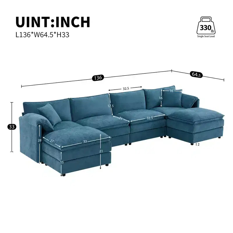 Divano componibile Whisen Modern Design 136 in ciniglia con doppie sedute e pouf mobili