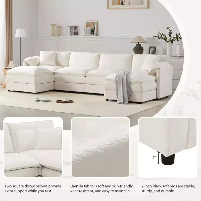 Divano componibile Whisen Modern Design 136 in ciniglia con doppie sedute e pouf mobili