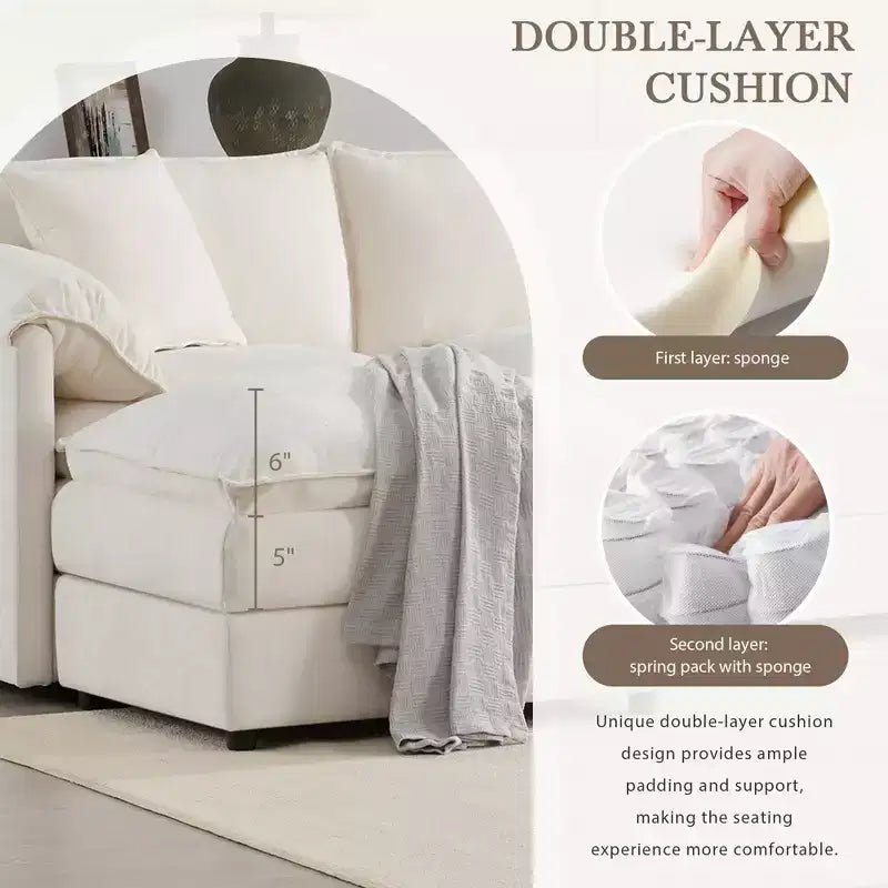 Divano componibile Whisen Modern Design 136 in ciniglia con doppie sedute e pouf mobili