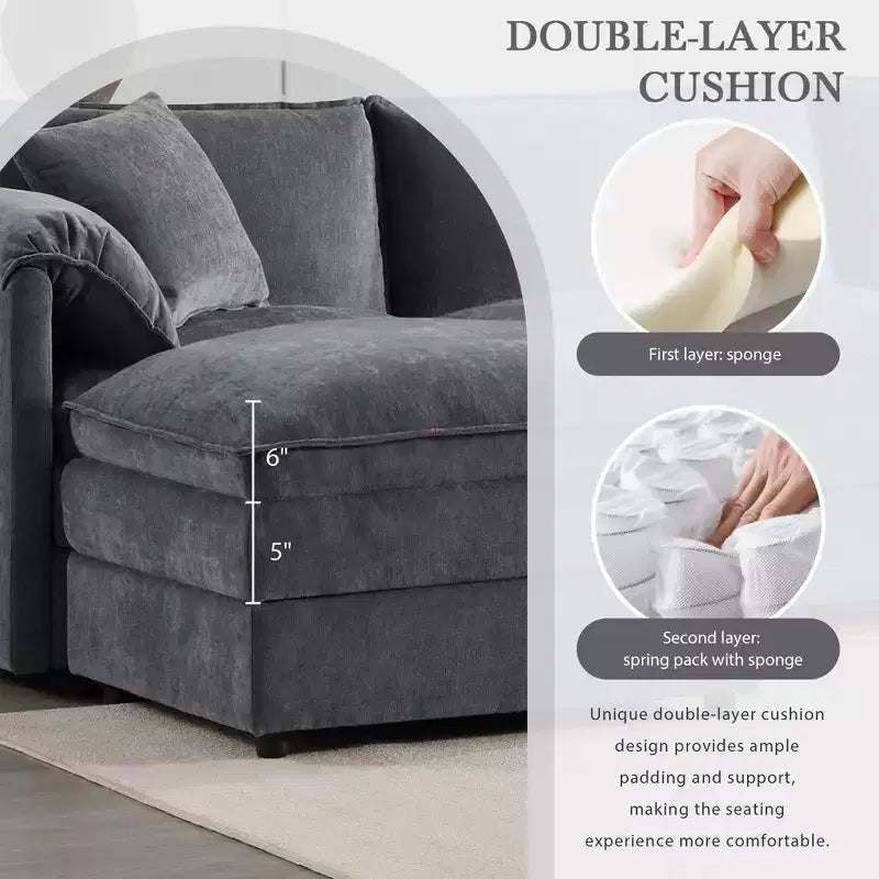 Divano componibile Whisen Modern Design 136 in ciniglia con doppie sedute e pouf mobili