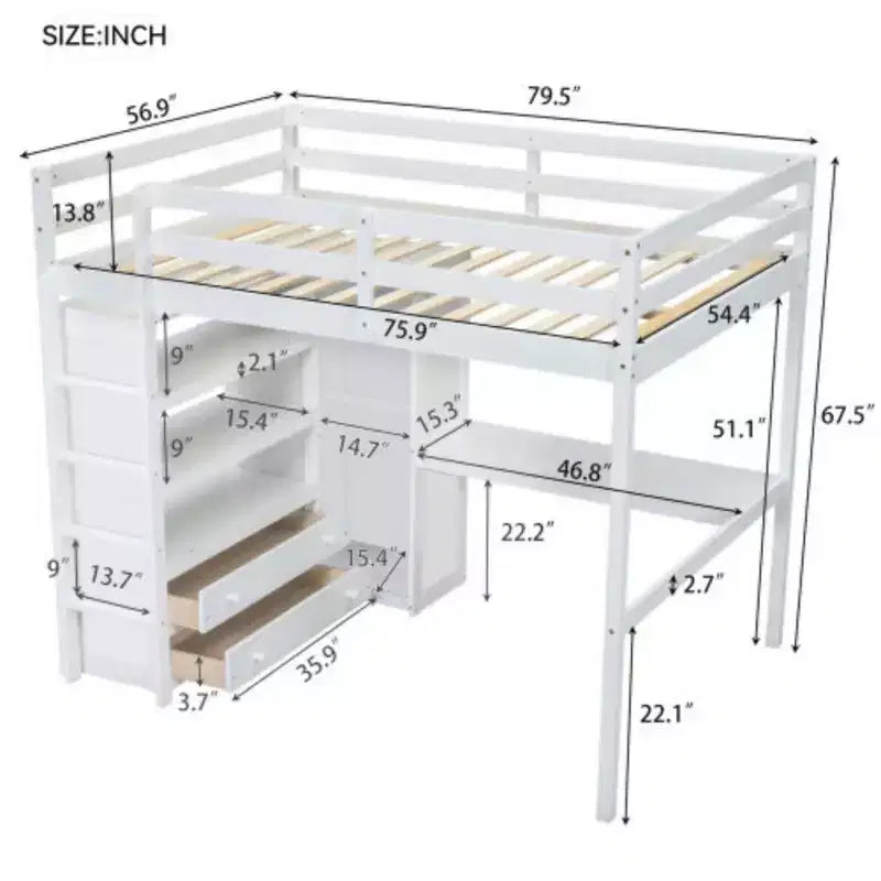 Letto a soppalco full size in legno bianco con armadio integrato, scrivania, ripiani e cassetti.