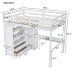Letto a soppalco full size in legno bianco con armadio integrato, scrivania, ripiani e cassetti.
