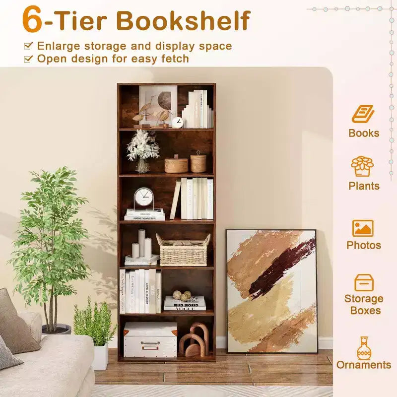 Costway Libreria a 6 Ripiani, Alta 70, con 6 Scaffali Aperti, Kit Antiribaltamento per Soggiorno Marrone/Nero