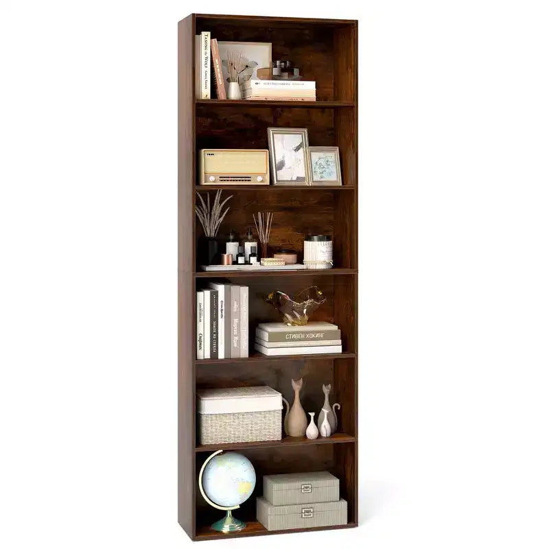 Costway Libreria a 6 Ripiani, Alta 70, con 6 Scaffali Aperti, Kit Antiribaltamento per Soggiorno Marrone/Nero