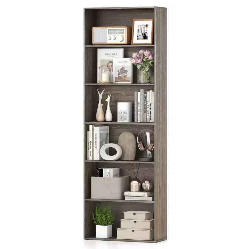 Costway Libreria a 6 Ripiani, Alta 70, con 6 Scaffali Aperti, Kit Antiribaltamento per Soggiorno Marrone/Nero