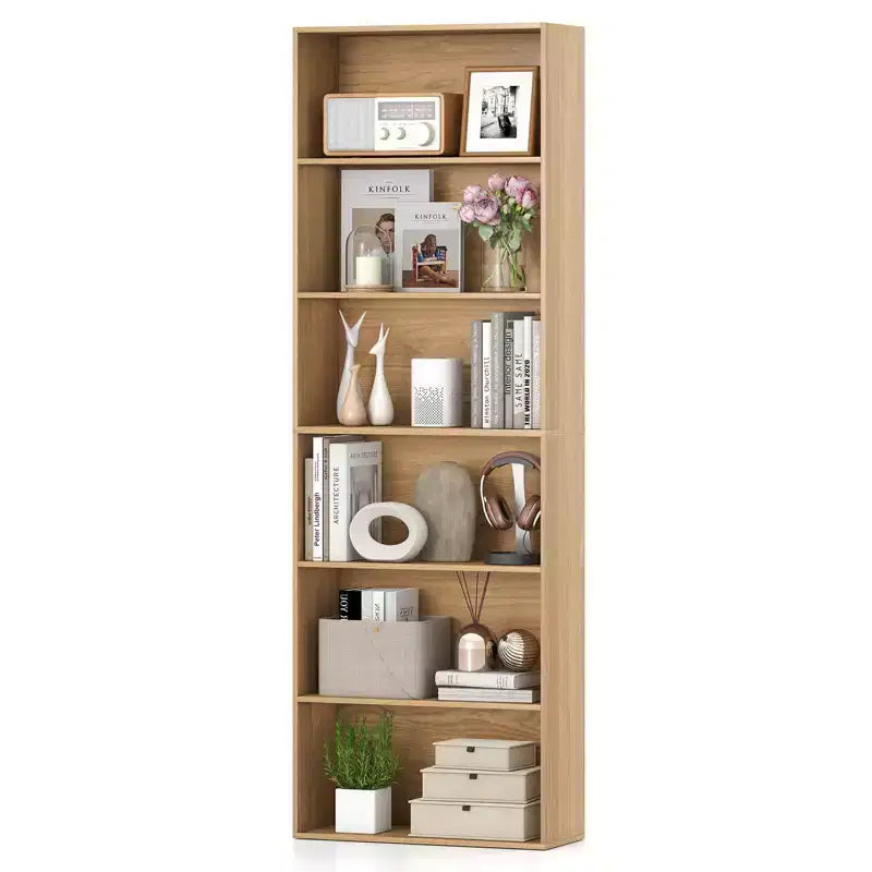 Costway Libreria a 6 Ripiani, Alta 70, con 6 Scaffali Aperti, Kit Antiribaltamento per Soggiorno Marrone/Nero