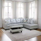 Light Grey Semi-PU Leather Sectional Sofa - Modern L-Shaped Design, Tufted Cushions, Decorative Pillows, Storage Ottoman