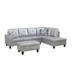 Divano Sezionale in Similpelle Grigio Chiaro Semi-PU - Design Moderno a L, Cuscini Trapuntati, Cuscini Decorativi, Pouf Contenitore