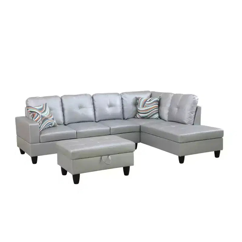 Divano Sezionale in Similpelle Grigio Chiaro Semi-PU - Design Moderno a L, Cuscini Trapuntati, Cuscini Decorativi, Pouf Contenitore
