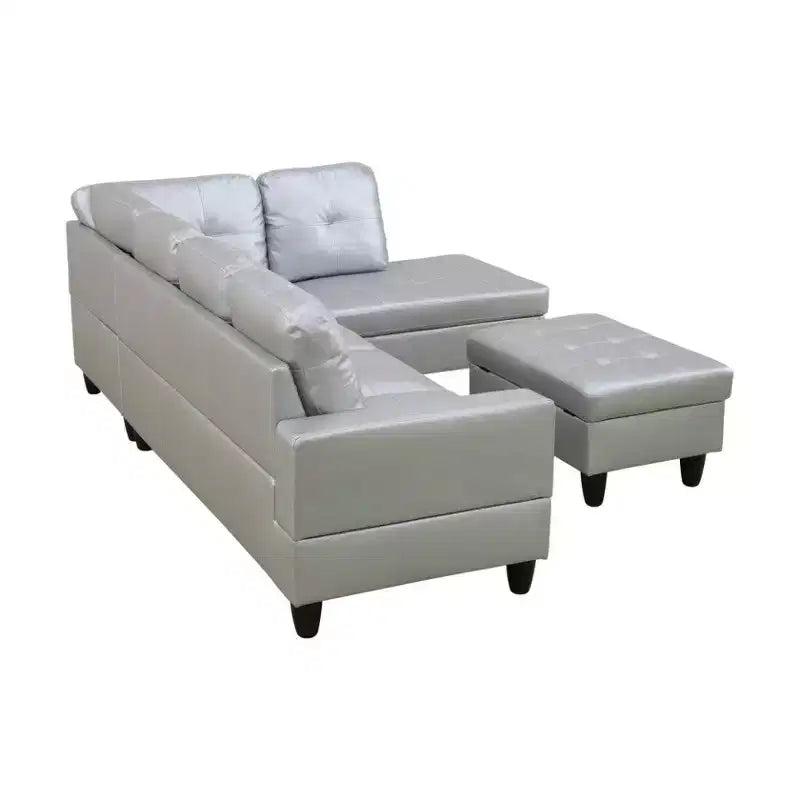 Divano Sezionale in Similpelle Grigio Chiaro Semi-PU - Design Moderno a L, Cuscini Trapuntati, Cuscini Decorativi, Pouf Contenitore