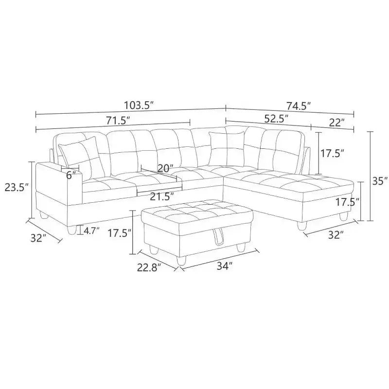 Divano Sezionale in Similpelle Grigio Chiaro Semi-PU - Design Moderno a L, Cuscini Trapuntati, Cuscini Decorativi, Pouf Contenitore