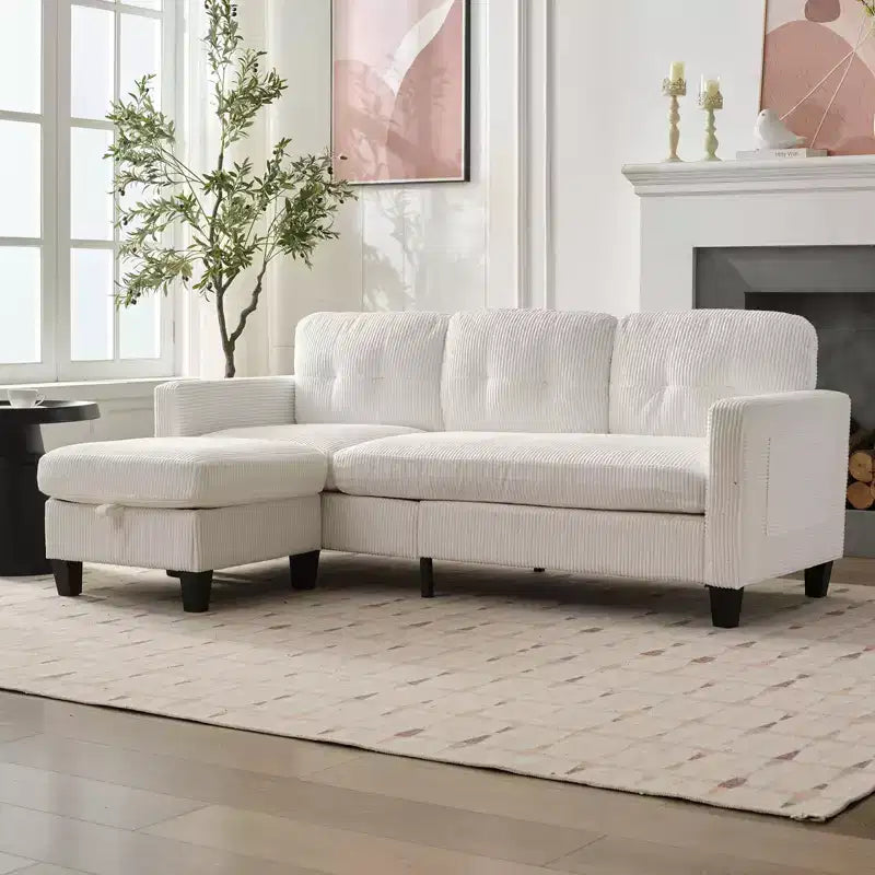 Divano componibile a L convertibile Mjkone 76 con pouf contenitore, divano a 3 posti in velluto a coste