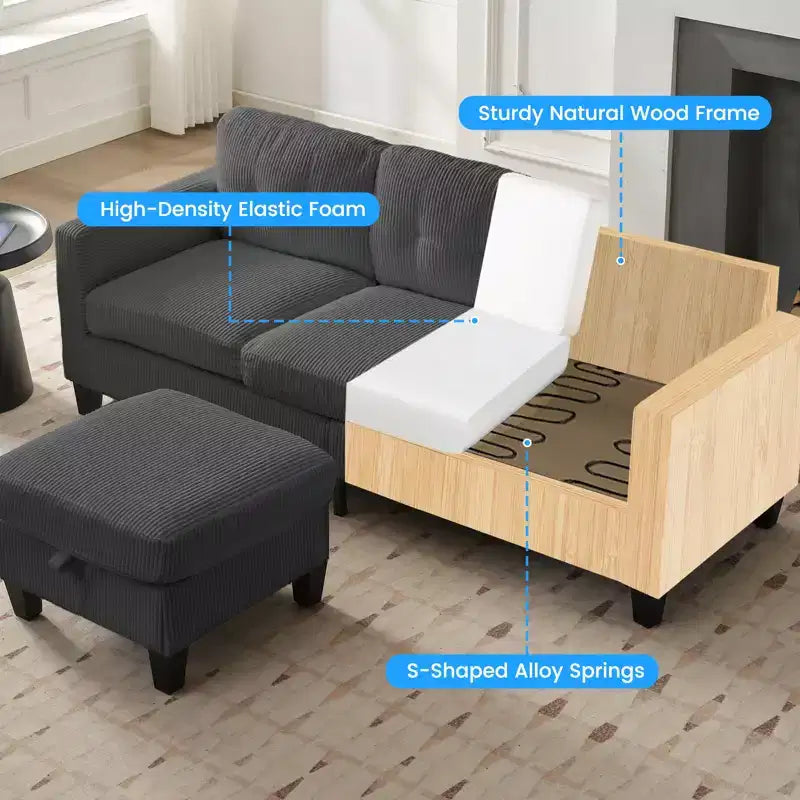 Divano componibile a L convertibile Mjkone 76 con pouf contenitore, divano a 3 posti in velluto a coste