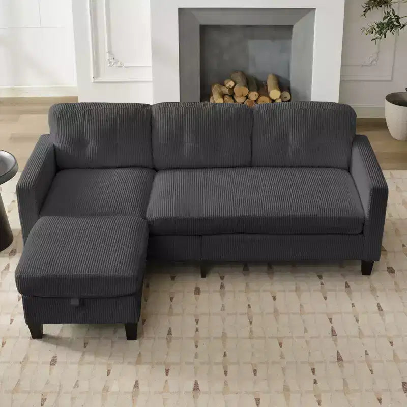 Divano componibile a L convertibile Mjkone 76 con pouf contenitore, divano a 3 posti in velluto a coste