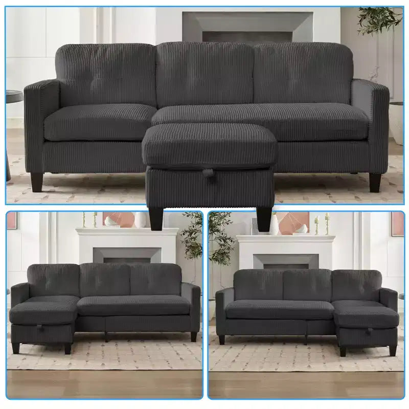 Divano componibile a L convertibile Mjkone 76 con pouf contenitore, divano a 3 posti in velluto a coste