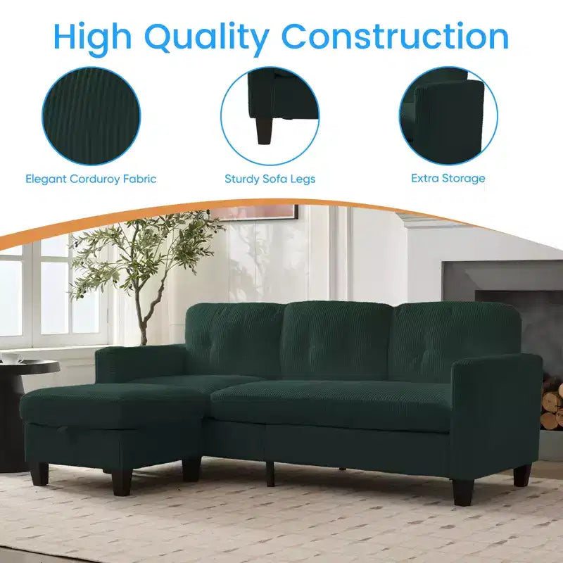 Divano componibile a L convertibile Mjkone 76 con pouf contenitore, divano a 3 posti in velluto a coste
