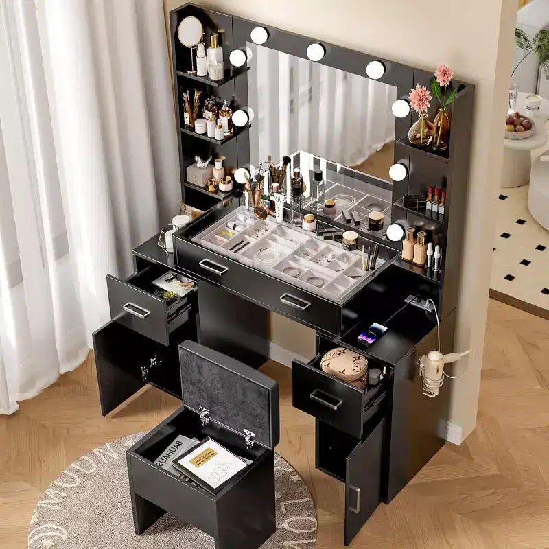 Toeletta con Luci, Piano in Vetro, Stazione di Ricarica, Specchio, Comodino, Set con Panca Contenitore, 3 Modalità di Illuminazione, Bianco