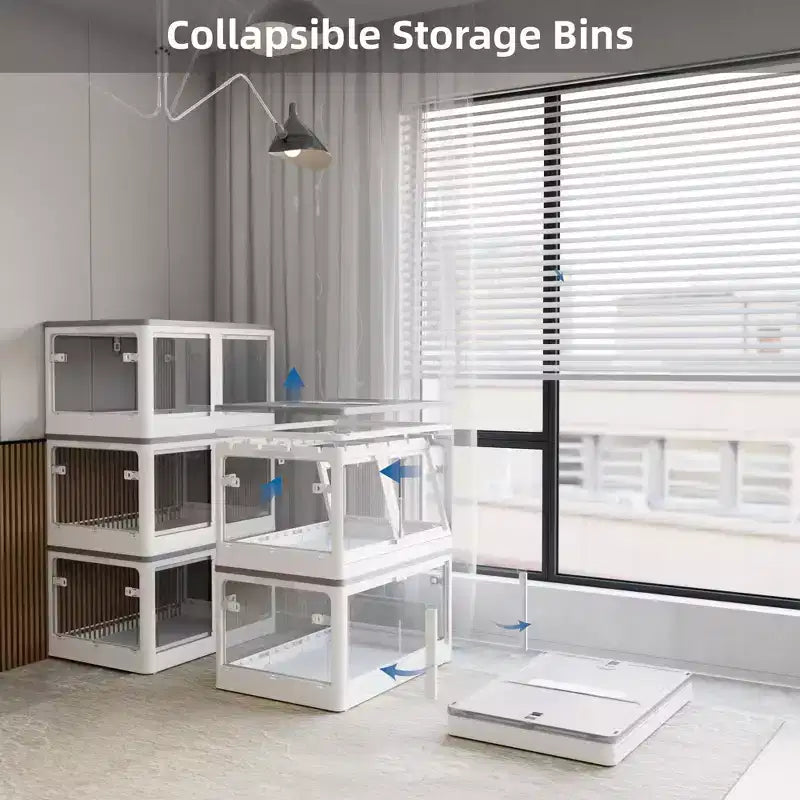 Confezione da 4 Contenitori Trasparenti Impilabili con 5 Sportelli Apribili e Ruote, Contenitori Pieghevoli in Plastica, Grandi Organizzatori per Armadi per Camere da Letto