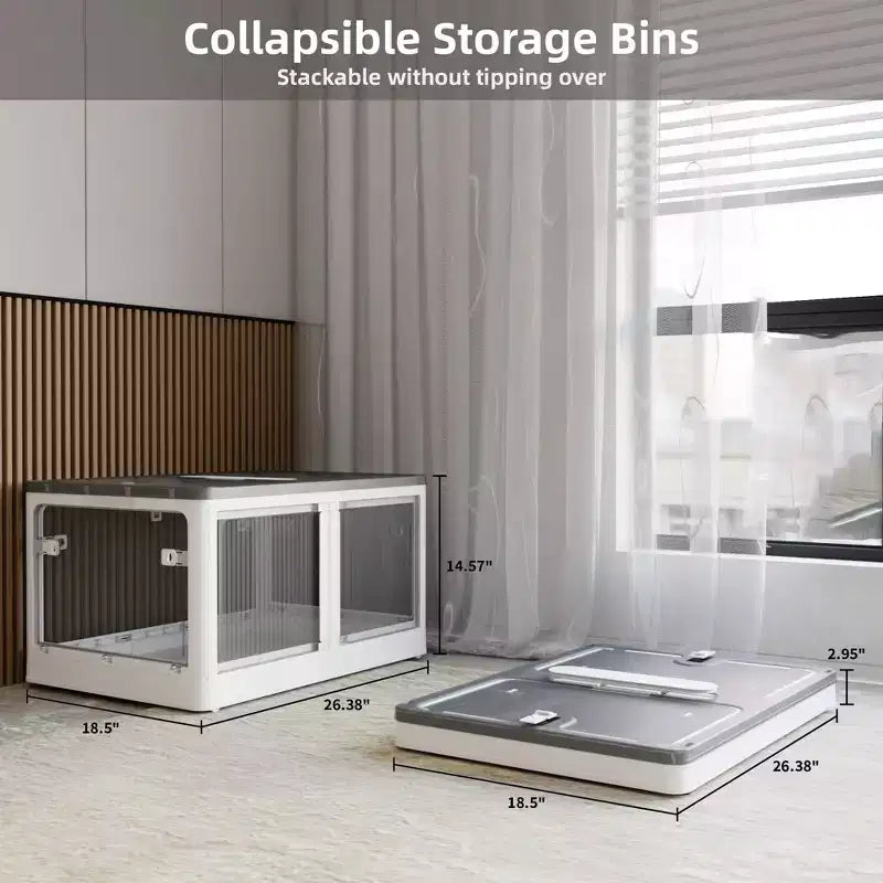Confezione da 4 Contenitori Trasparenti Impilabili con 5 Sportelli Apribili e Ruote, Contenitori Pieghevoli in Plastica, Grandi Organizzatori per Armadi per Camere da Letto