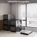 Confezione da 4 Contenitori Trasparenti Impilabili con 5 Sportelli Apribili e Ruote, Contenitori Pieghevoli in Plastica, Grandi Organizzatori per Armadi per Camere da Letto