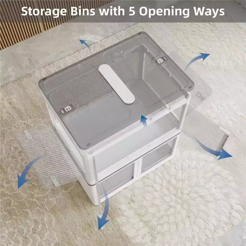 Confezione da 4 Contenitori Trasparenti Impilabili con 5 Sportelli Apribili e Ruote, Contenitori Pieghevoli in Plastica, Grandi Organizzatori per Armadi per Camere da Letto